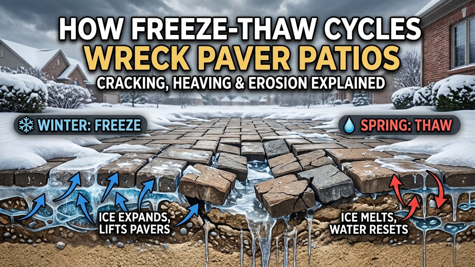 Close-up of a paver patio joint showing frost heave damage