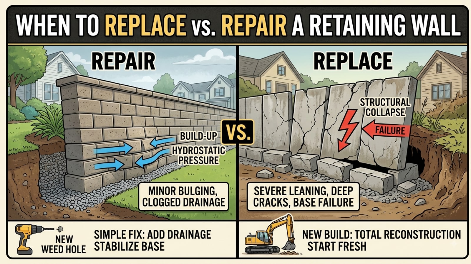 A leaning segmental retaining wall in a backyard before repair work