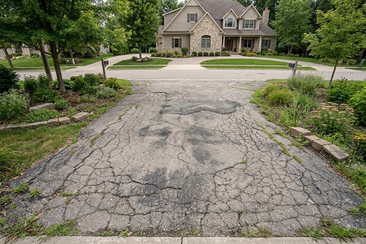 Cracked, heaving asphalt driveway before paver replacement in Petoskey