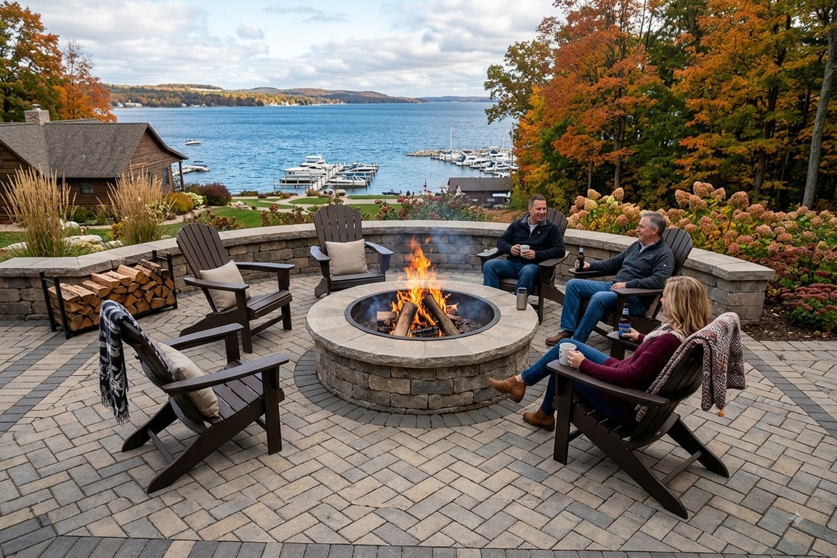 Wood-burning fire pit surrounded by a paver patio in Boyne City, MI