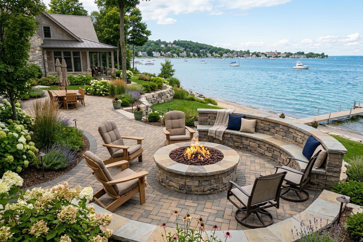 Gas fire pit with paver seat wall in a Petoskey backyard