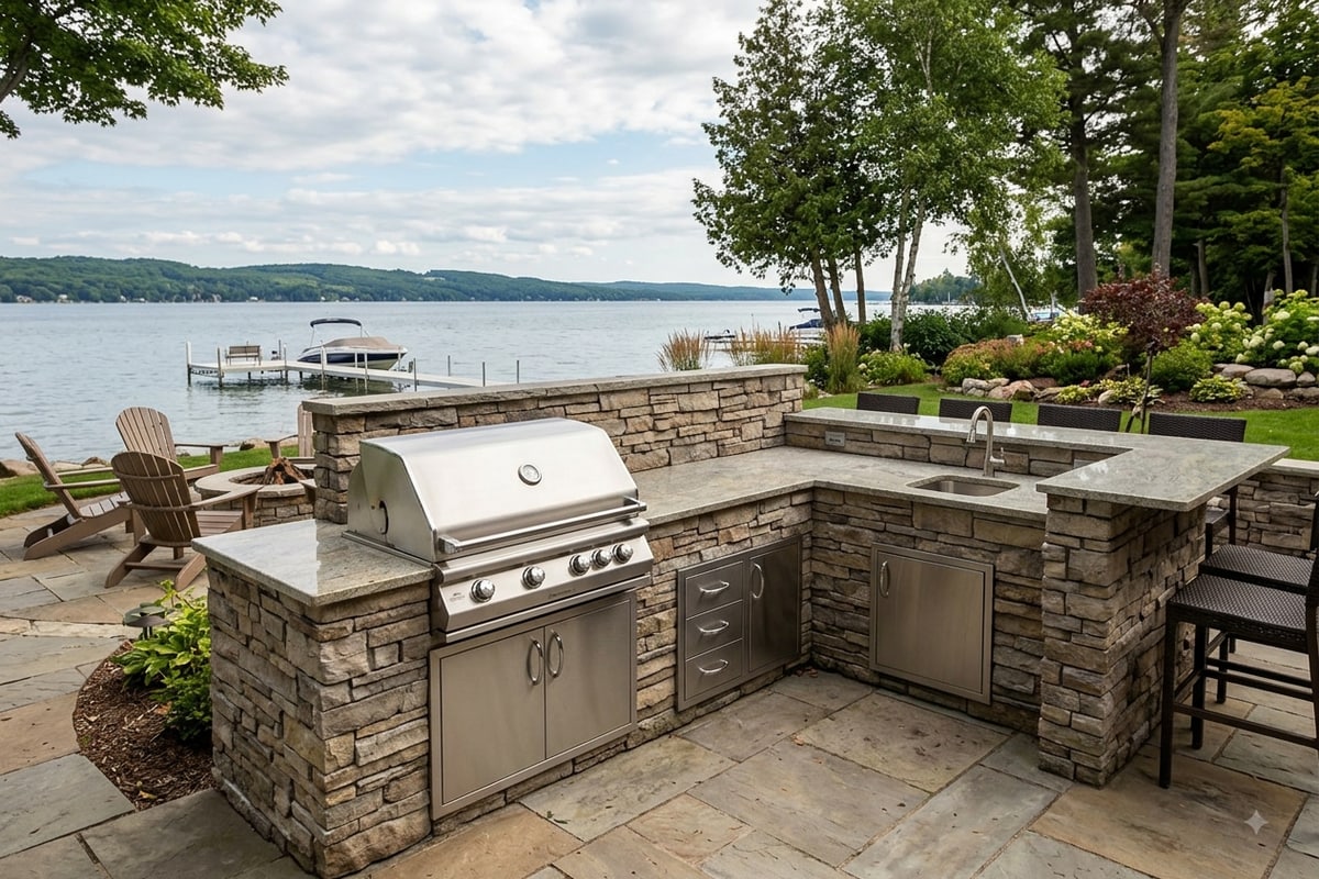 Outdoor kitchen with stainless steel grill and stone veneer counter in Charlevoix, MI