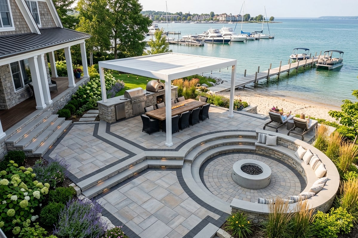 Large-format paver patio and outdoor dining area in Bay Harbor, MI