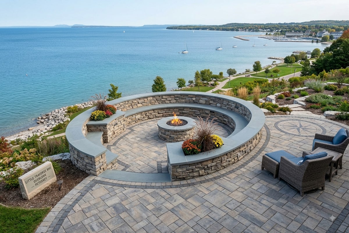 Custom paver patio with built-in seating wall overlooking Little Traverse Bay in Petoskey, MI