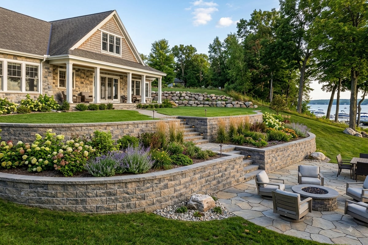 Segmental retaining wall holding back a sloped backyard in Boyne City, MI