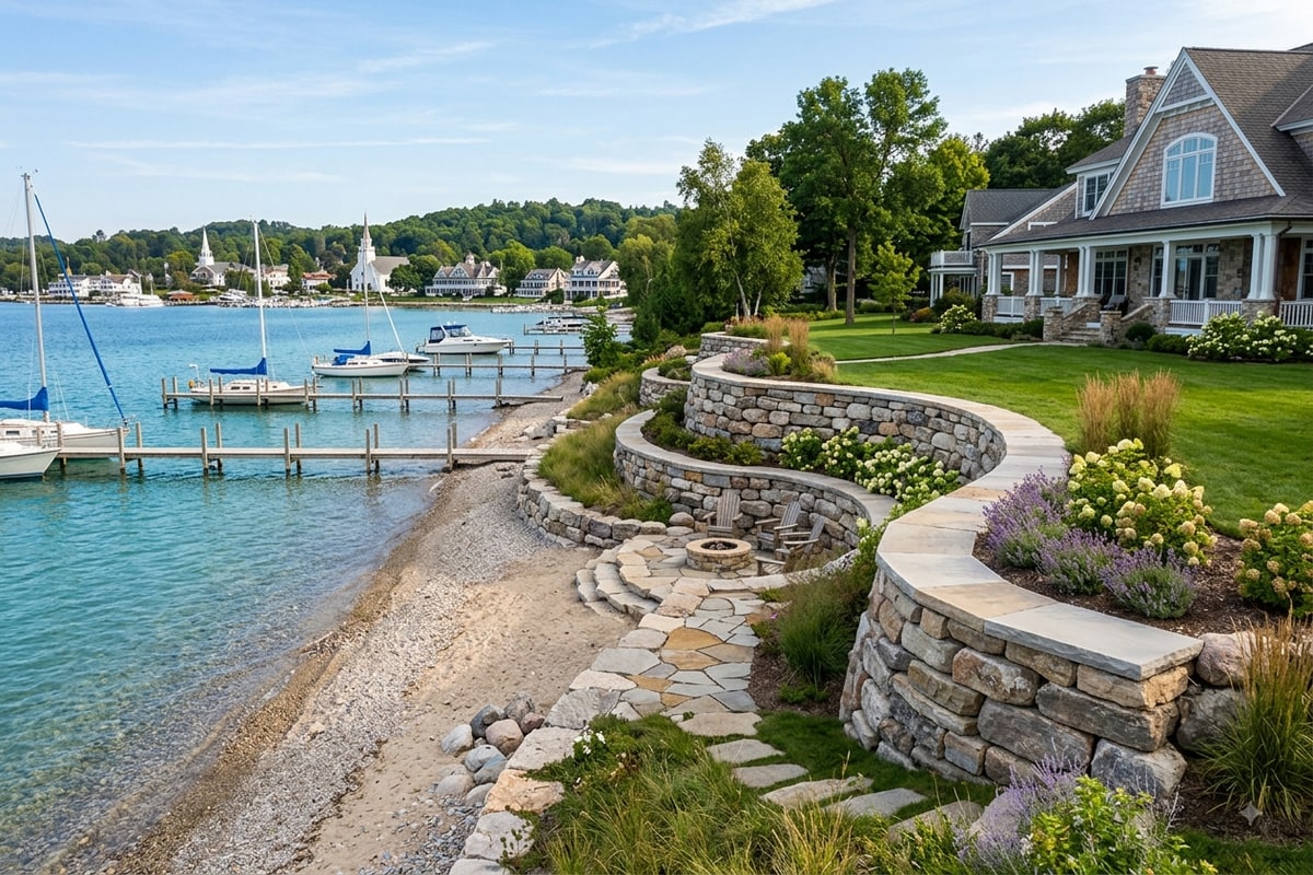 Curved retaining wall with cap stones near a Harbor Springs lakefront property
