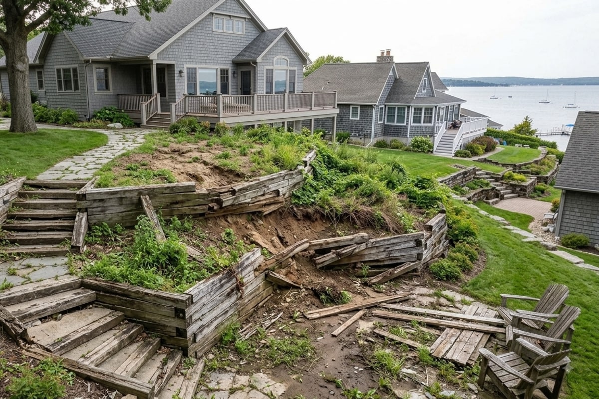 Failing timber retaining wall before replacement in Petoskey