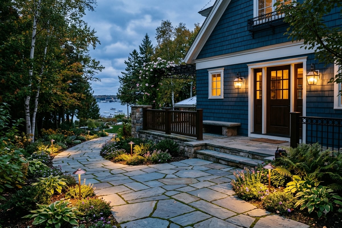 Natural stone walkway with path lighting leading to a front entry in Harbor Springs